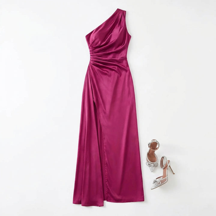 Women's One-Shoulder Backless Satin Maxi Dress – High Slit Elegant Bodycon Evening Dress