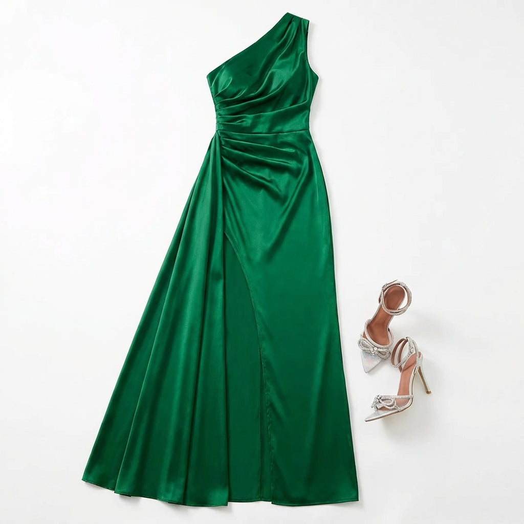 Women's One-Shoulder Backless Satin Maxi Dress – High Slit Elegant Bodycon Evening Dress