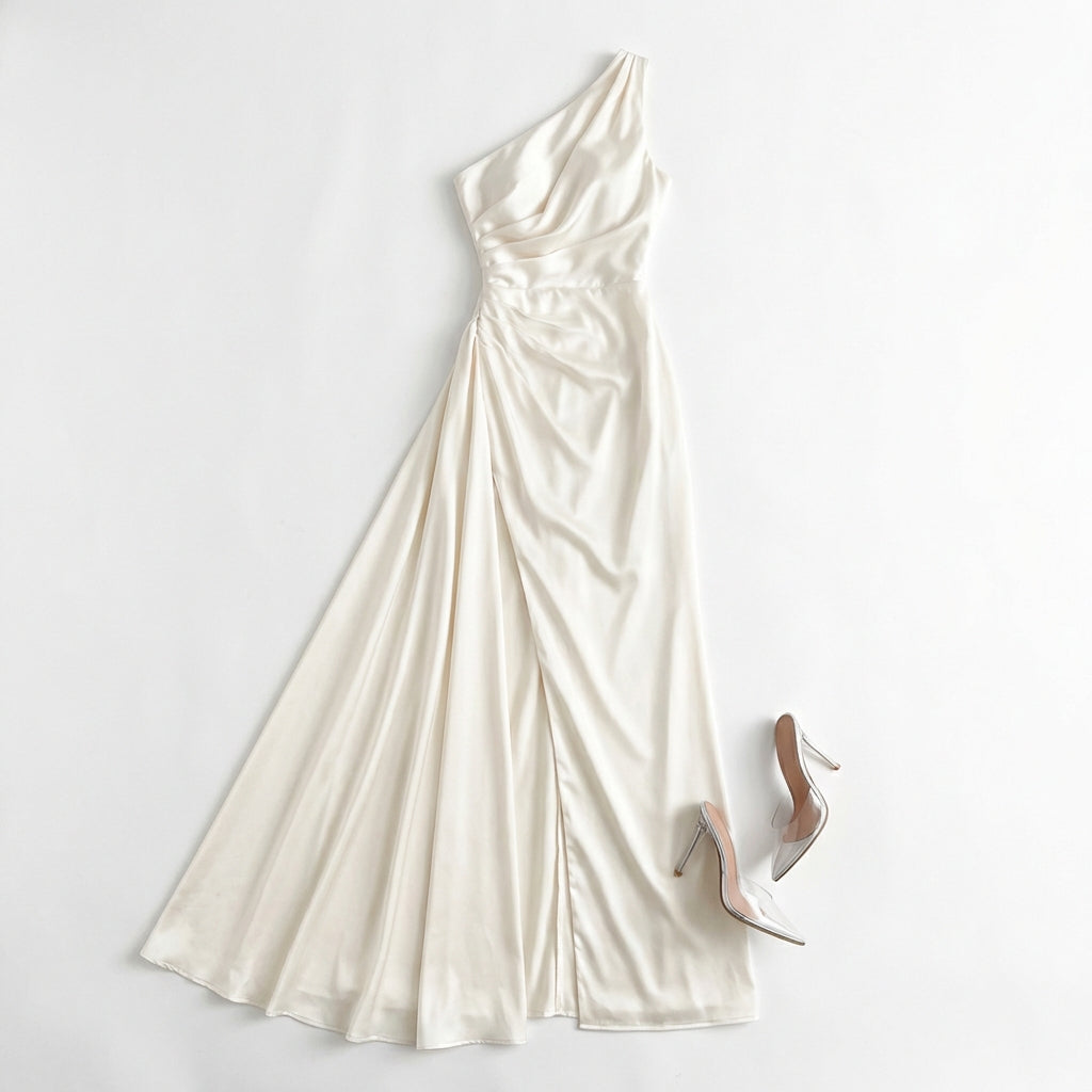 Women's One-Shoulder Backless Satin Maxi Dress – High Slit Elegant Bodycon Evening Dress
