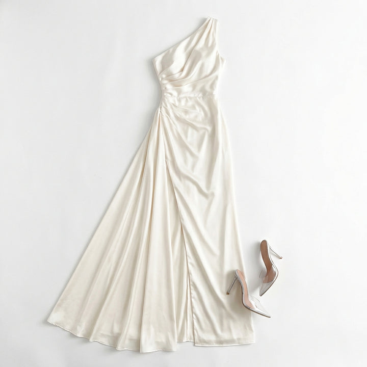 Women's One-Shoulder Backless Satin Maxi Dress – High Slit Elegant Bodycon Evening Dress
