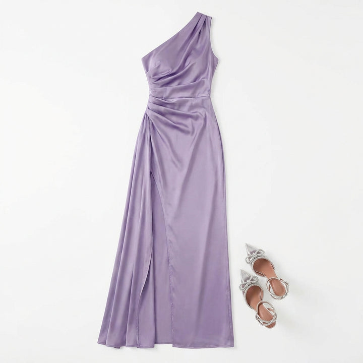Women's One-Shoulder Backless Satin Maxi Dress – High Slit Elegant Bodycon Evening Dress