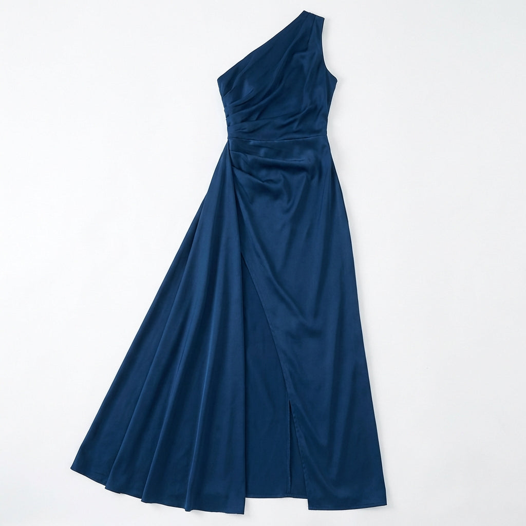 Women's One-Shoulder Backless Satin Maxi Dress – High Slit Elegant Bodycon Evening Dress