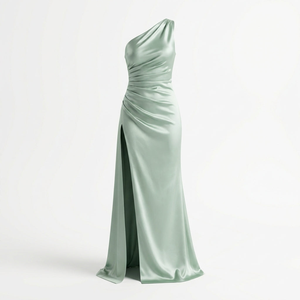 Women's One-Shoulder Backless Satin Maxi Dress – High Slit Elegant Bodycon Evening Dress