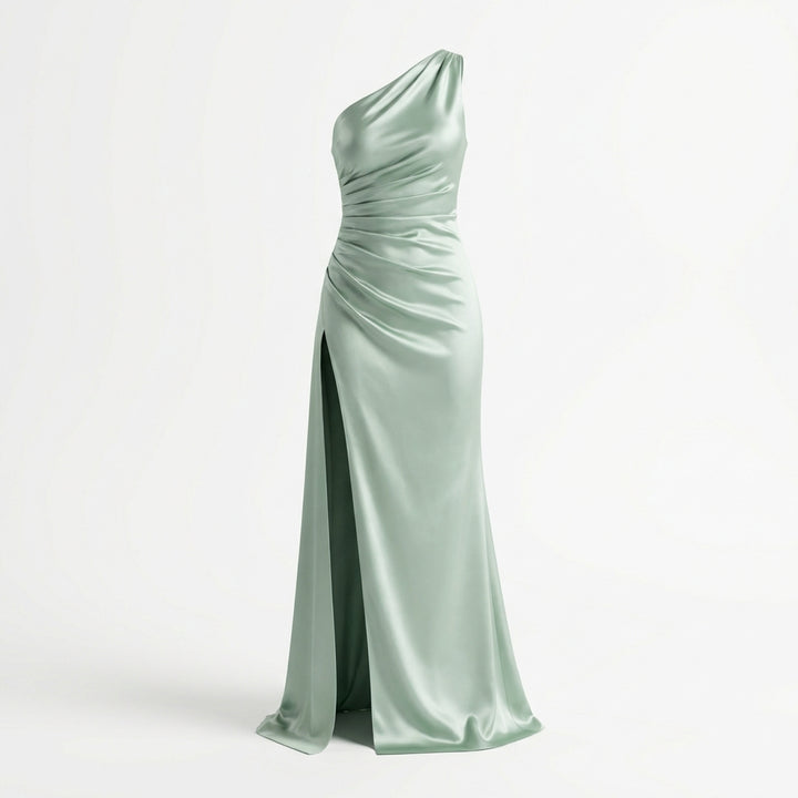 Women's One-Shoulder Backless Satin Maxi Dress – High Slit Elegant Bodycon Evening Dress