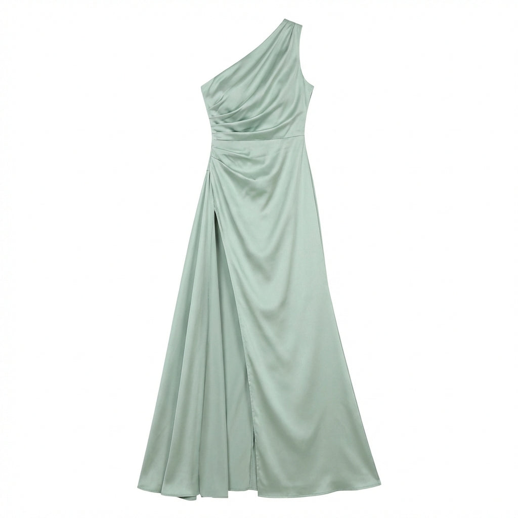 Women's One-Shoulder Backless Satin Maxi Dress – High Slit Elegant Bodycon Evening Dress