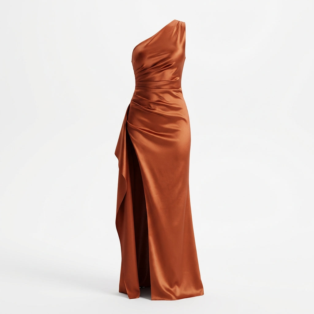 Women's One-Shoulder Backless Satin Maxi Dress – High Slit Elegant Bodycon Evening Dress