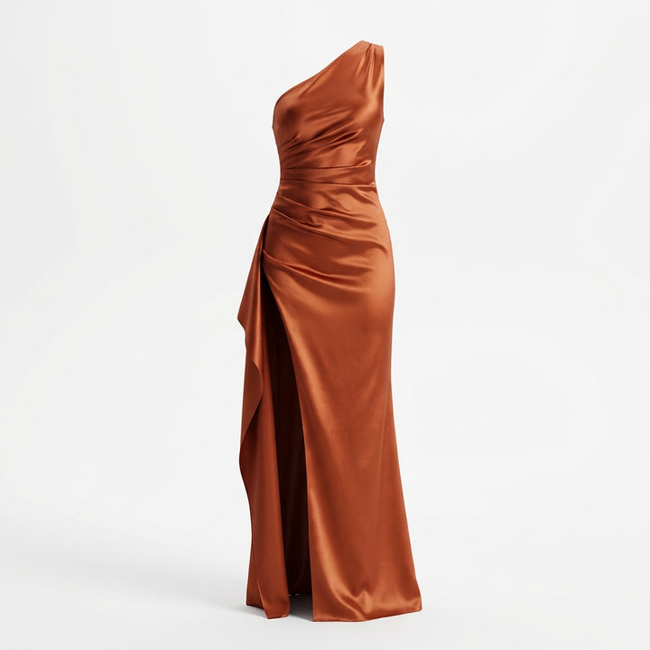Women's One-Shoulder Backless Satin Maxi Dress – High Slit Elegant Bodycon Evening Dress