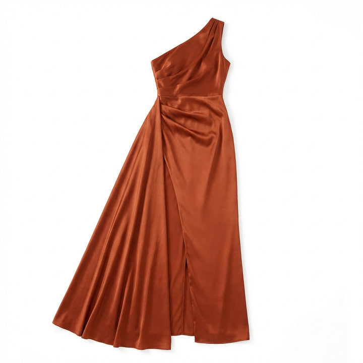 Women's One-Shoulder Backless Satin Maxi Dress – High Slit Elegant Bodycon Evening Dress