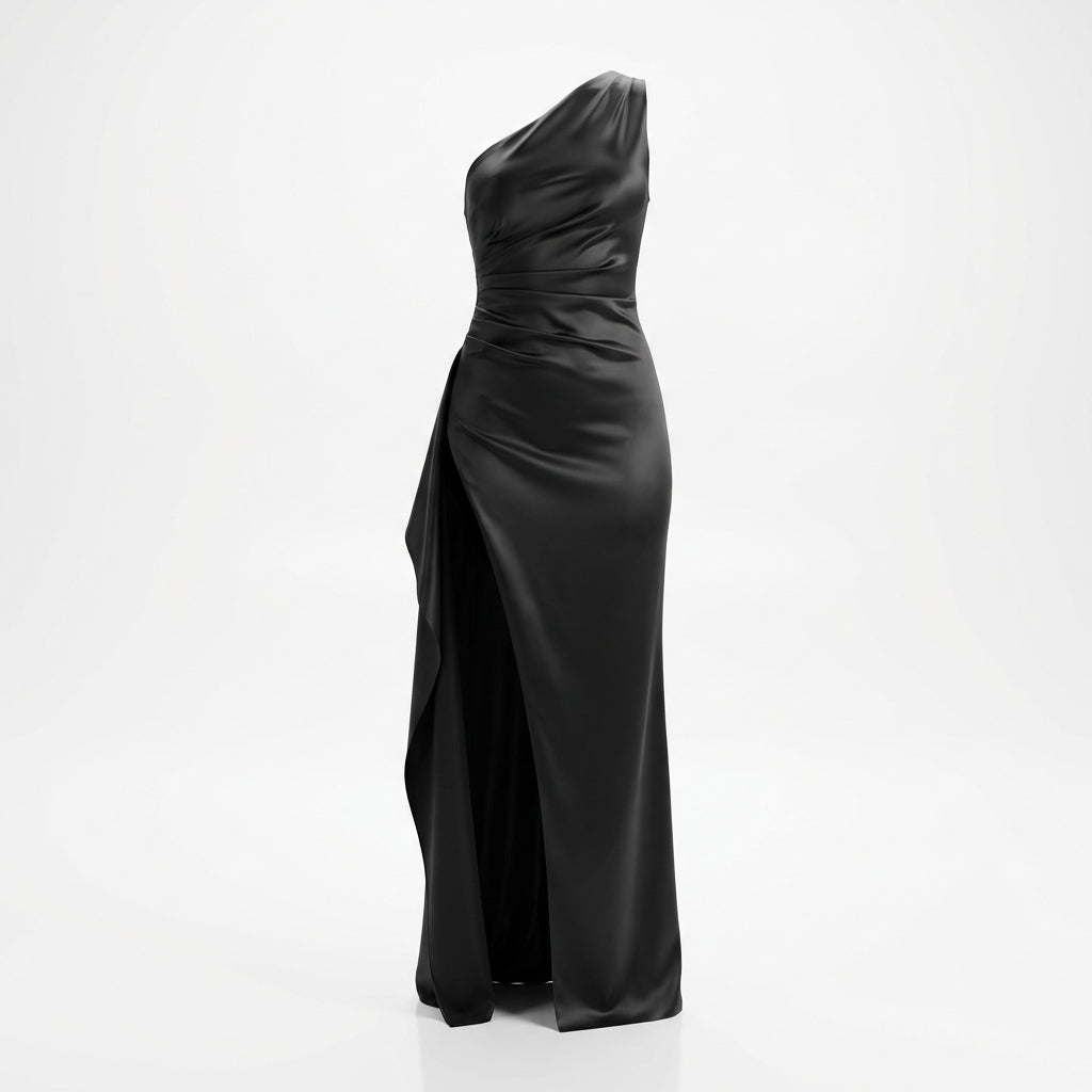 Women's One-Shoulder Backless Satin Maxi Dress – High Slit Elegant Bodycon Evening Dress