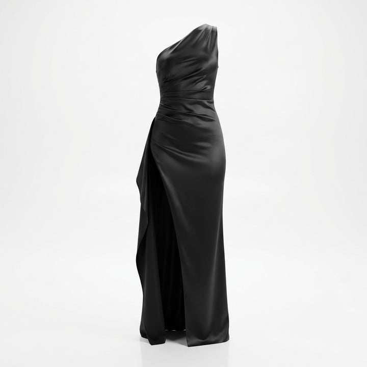 Women's One-Shoulder Backless Satin Maxi Dress – High Slit Elegant Bodycon Evening Dress