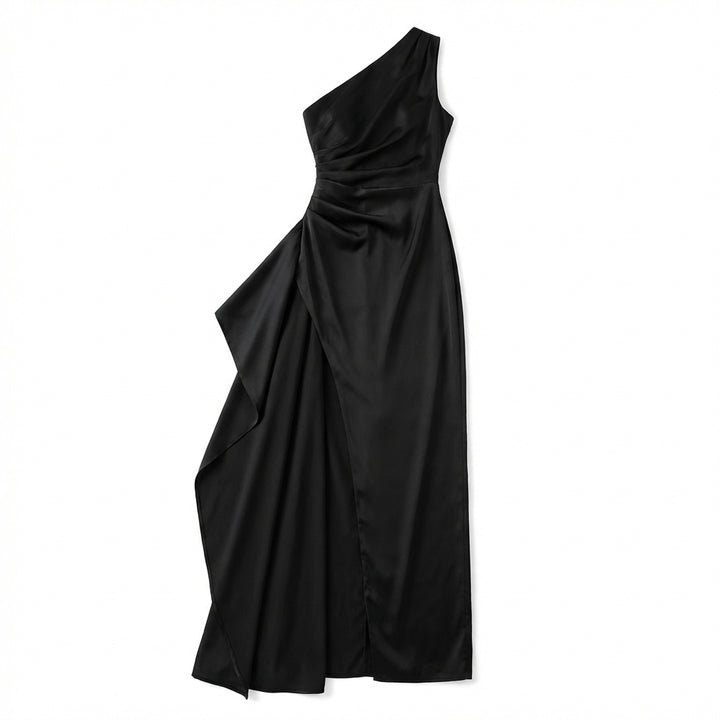Women's One-Shoulder Backless Satin Maxi Dress – High Slit Elegant Bodycon Evening Dress