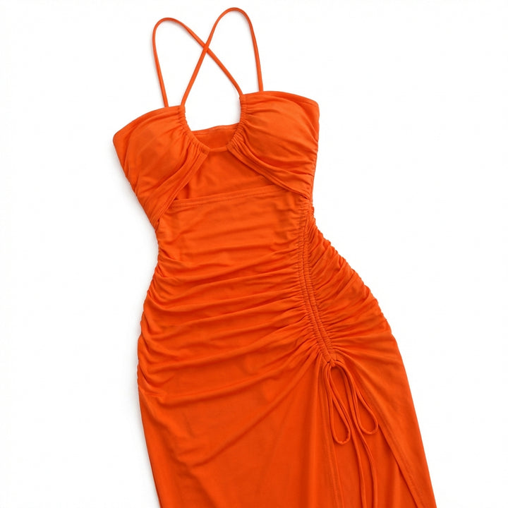 Halterneck Lace-Up Split Maxi Dress