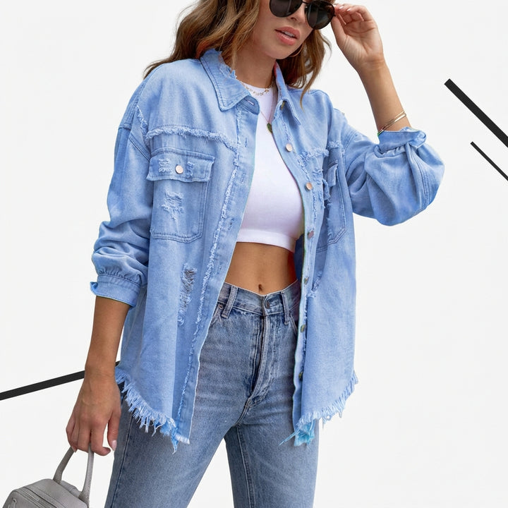 Women's Oversized Ripped Shacket – Casual Distressed Shirt Jacket for Fall & Spring