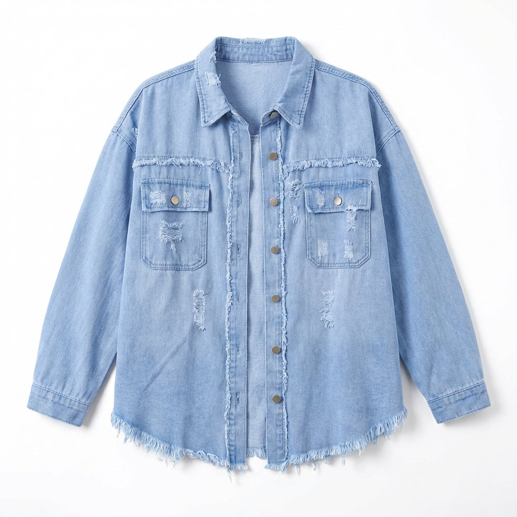 Women's Oversized Ripped Shacket – Casual Distressed Shirt Jacket for Fall & Spring