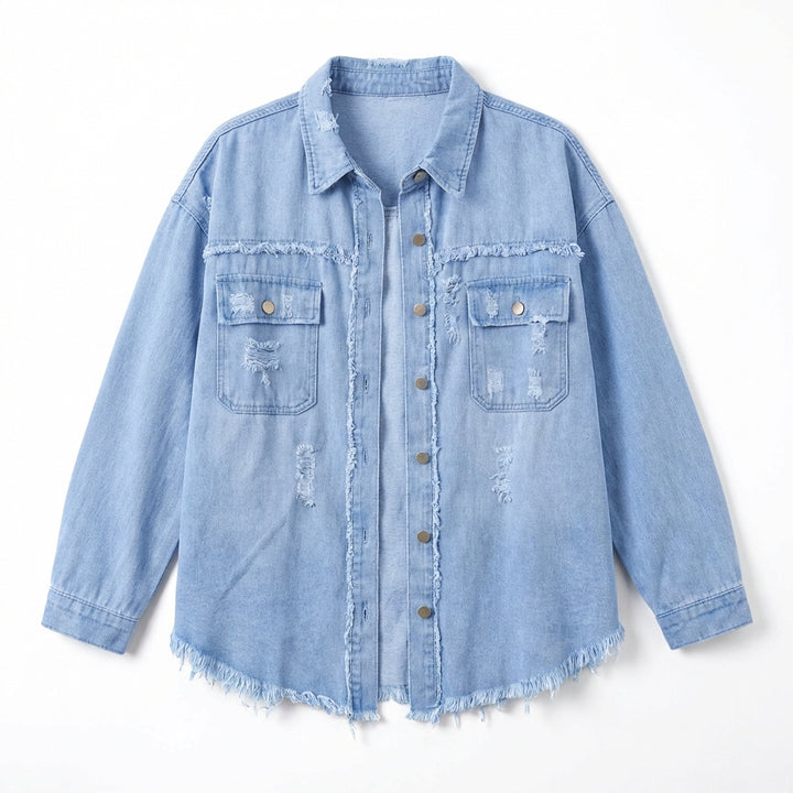 Women's Oversized Ripped Shacket – Casual Distressed Shirt Jacket for Fall & Spring