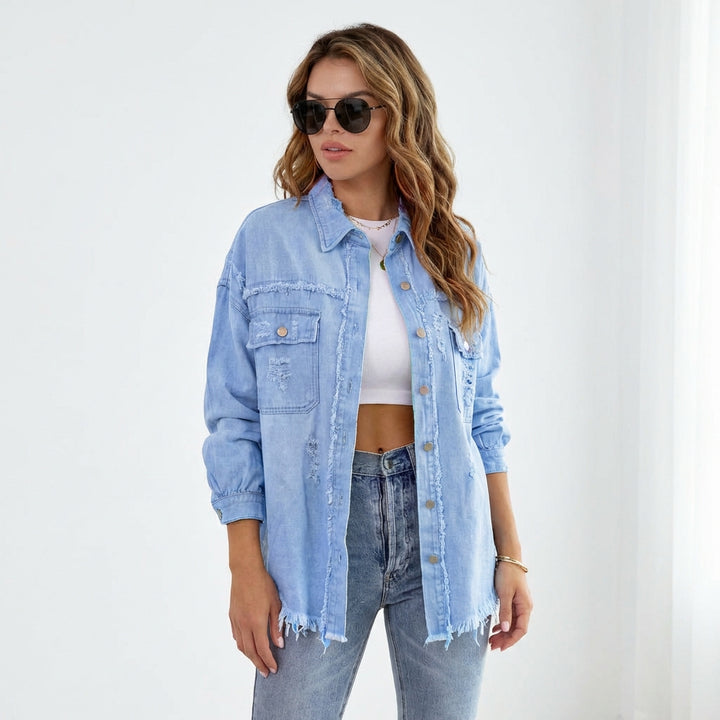 Women's Oversized Ripped Shacket – Casual Distressed Shirt Jacket for Fall & Spring