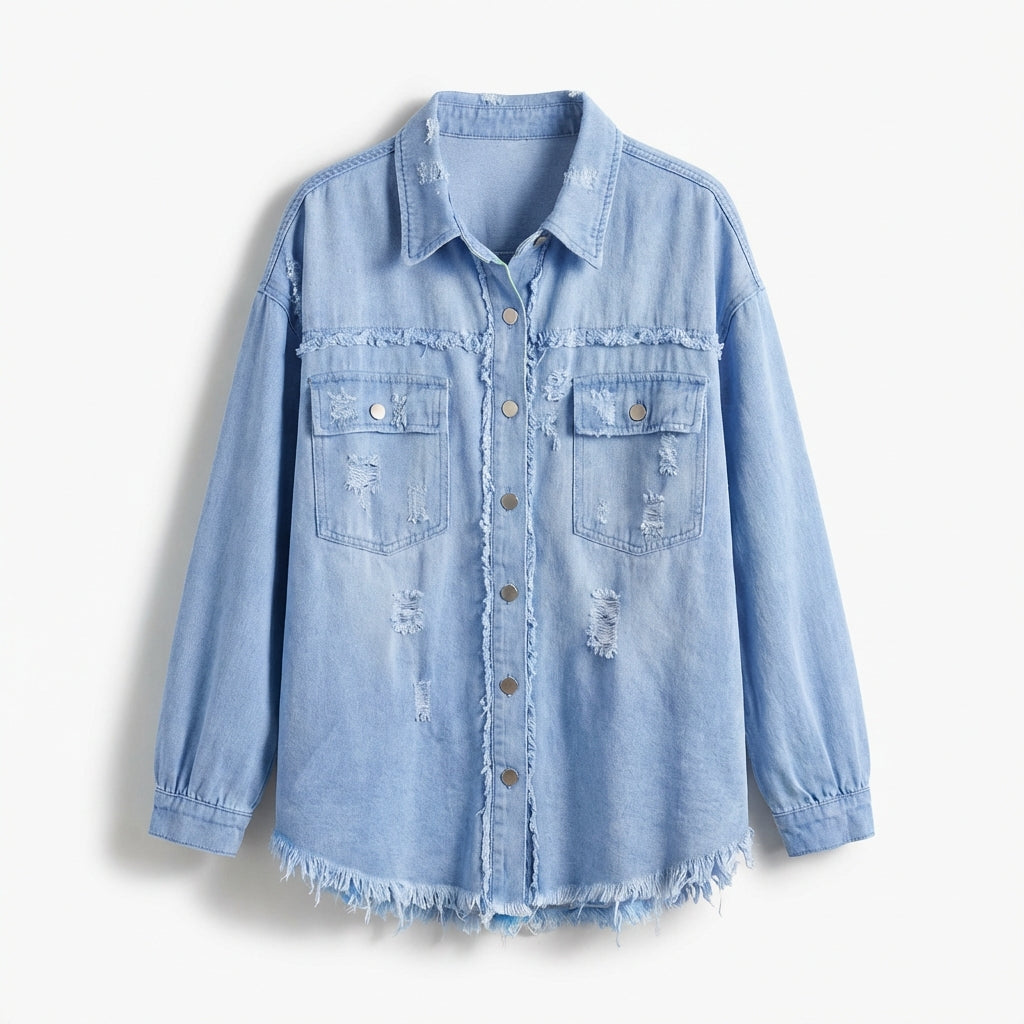Women's Oversized Ripped Shacket – Casual Distressed Shirt Jacket for Fall & Spring