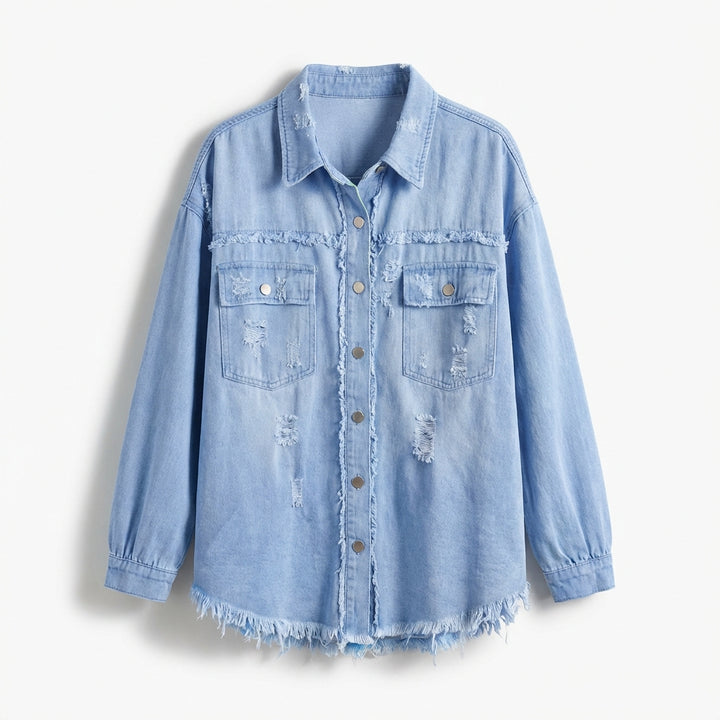 Women's Oversized Ripped Shacket – Casual Distressed Shirt Jacket for Fall & Spring