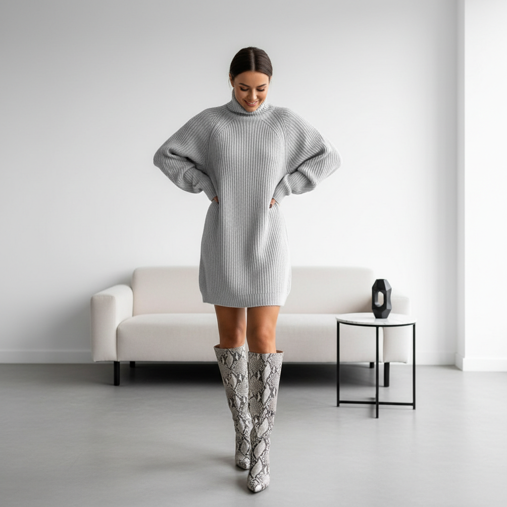Solid Turtleneck Long Sweater Winter Warm Women Sweater Dress