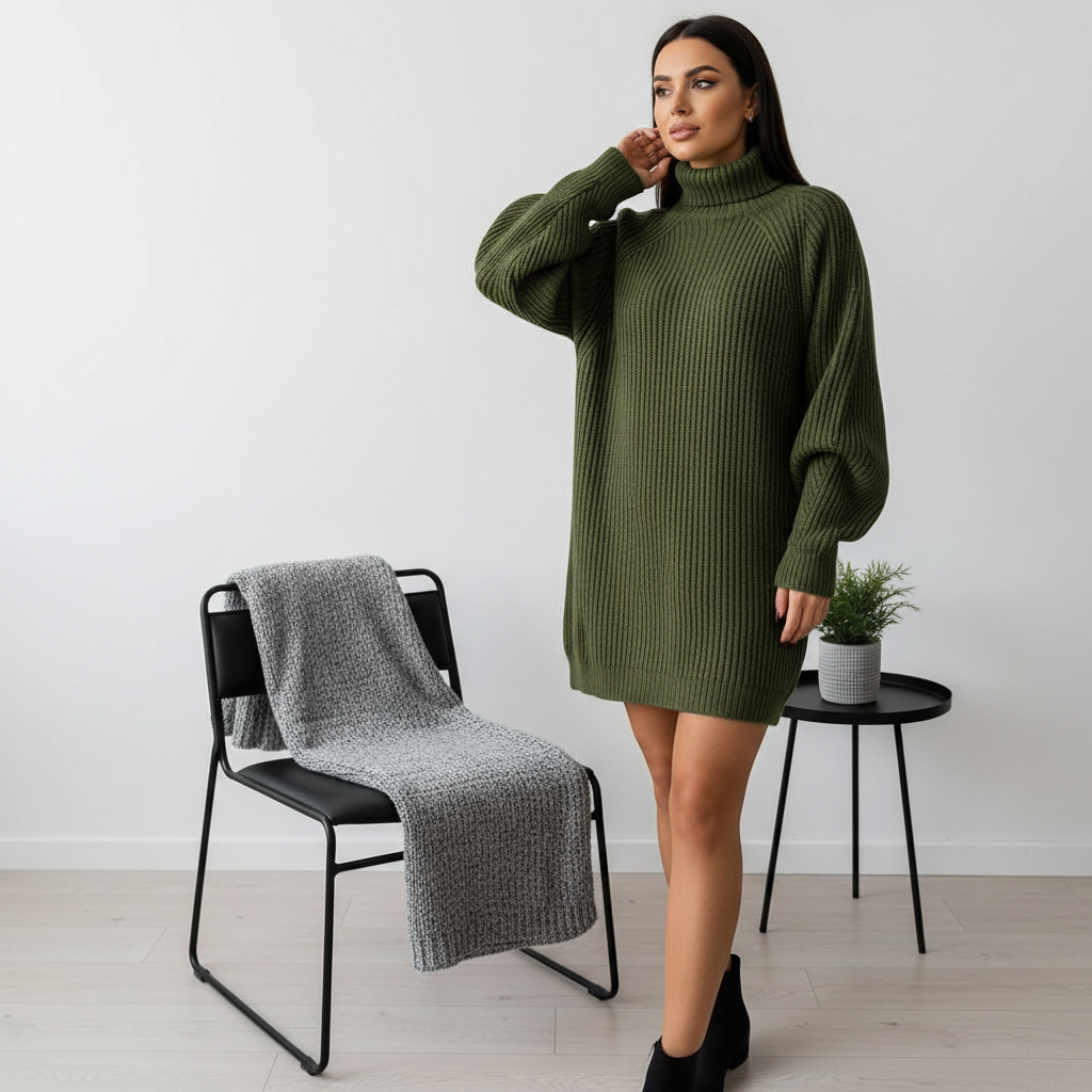 Solid Turtleneck Long Sweater Winter Warm Women Sweater Dress