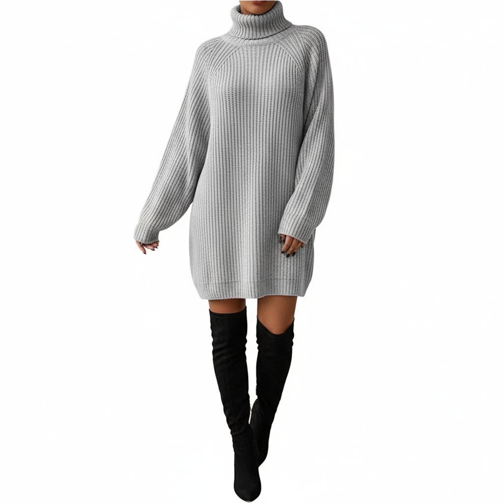 Solid Turtleneck Long Sweater Winter Warm Women Sweater Dress