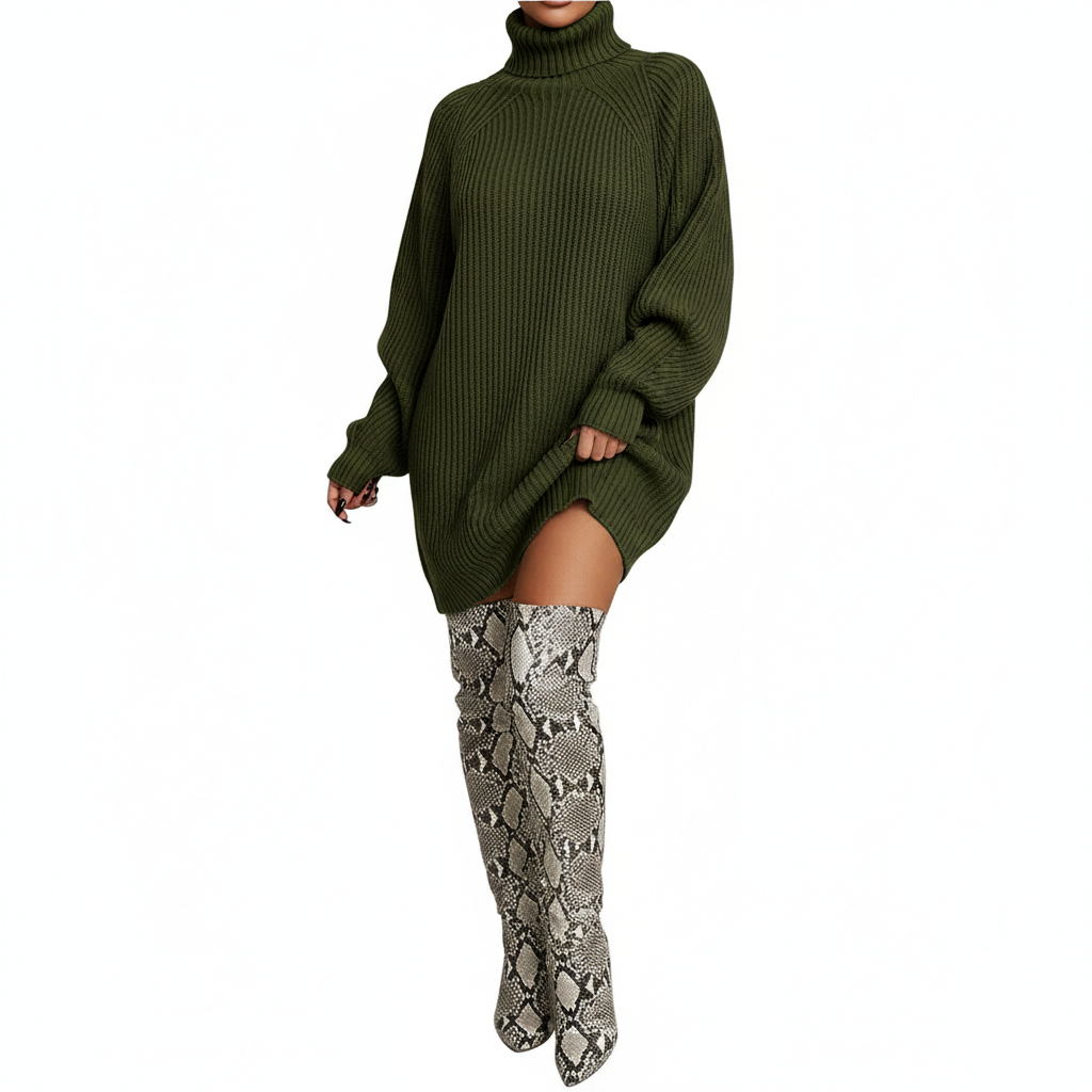 Solid Turtleneck Long Sweater Winter Warm Women Sweater Dress