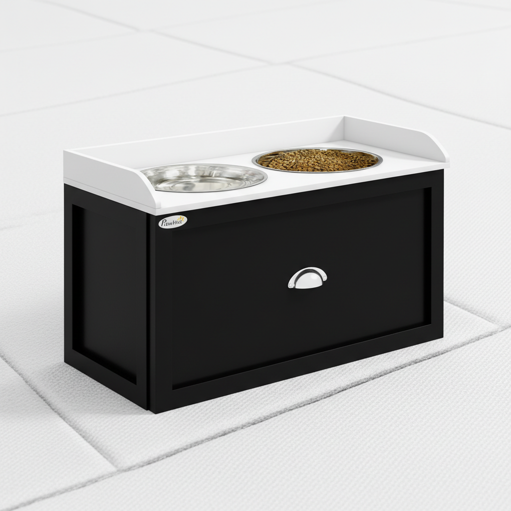 Pet Feeding Station Pet Dish Bowl Set with Storage, 2 Elevated Dog Bowls for Large Sized Dogs, White and Black