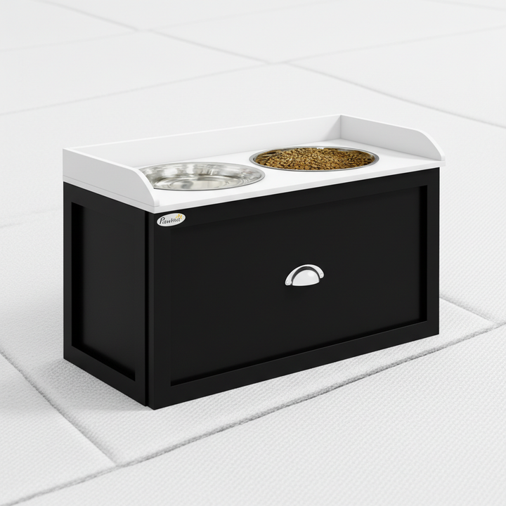 Pet Feeding Station Pet Dish Bowl Set with Storage, 2 Elevated Dog Bowls for Large Sized Dogs, White and Black