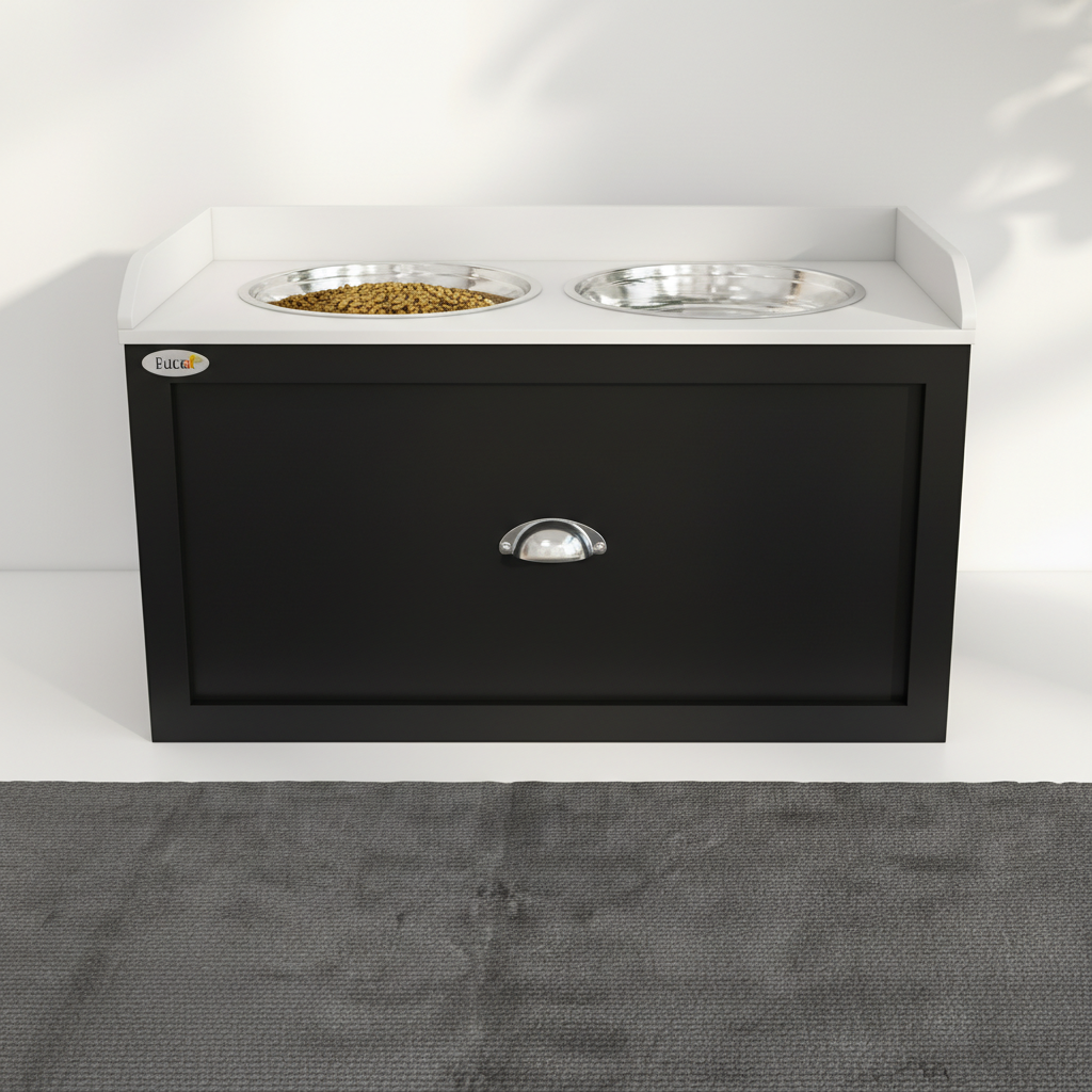 Pet Feeding Station Pet Dish Bowl Set with Storage, 2 Elevated Dog Bowls for Large Sized Dogs, White and Black