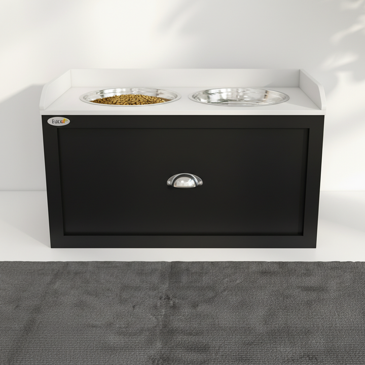 Pet Feeding Station Pet Dish Bowl Set with Storage, 2 Elevated Dog Bowls for Large Sized Dogs, White and Black