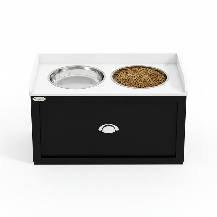 Pet Feeding Station Pet Dish Bowl Set with Storage, 2 Elevated Dog Bowls for Large Sized Dogs, White and Black