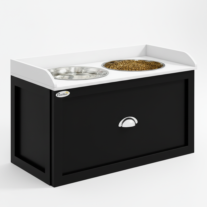 Pet Feeding Station Pet Dish Bowl Set with Storage, 2 Elevated Dog Bowls for Large Sized Dogs, White and Black