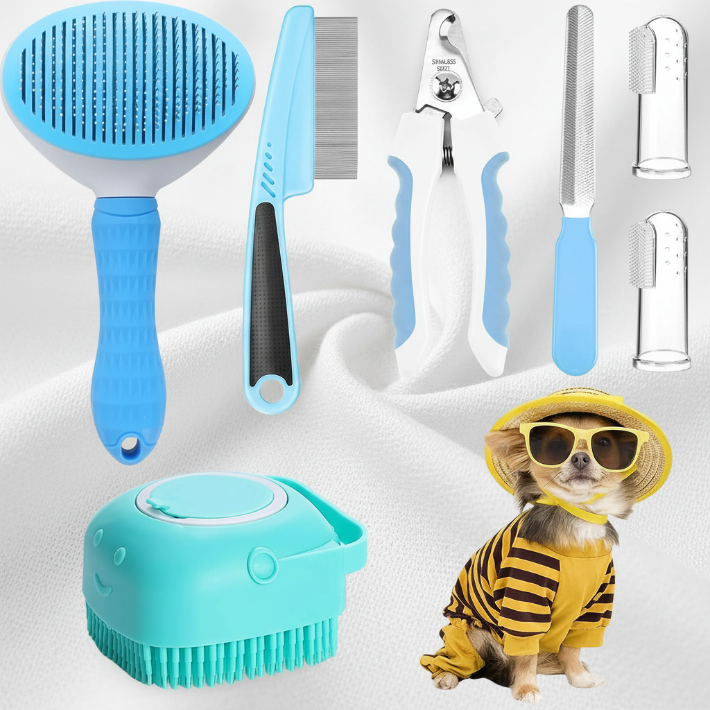 7pcs Pet Grooming Kit, Self-Cleaning Brush Shedding Kit With Nail Clipper, Flea Comb, Shampoo Bath Brush, Finger Toothbrush