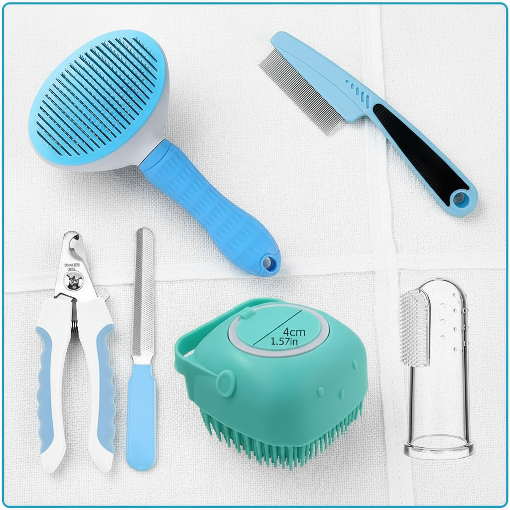 7pcs Pet Grooming Kit, Self-Cleaning Brush Shedding Kit With Nail Clipper, Flea Comb, Shampoo Bath Brush, Finger Toothbrush