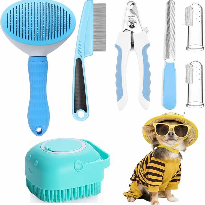 7pcs Pet Grooming Kit, Self-Cleaning Brush Shedding Kit With Nail Clipper, Flea Comb, Shampoo Bath Brush, Finger Toothbrush