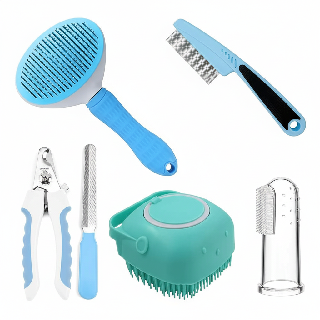 7pcs Pet Grooming Kit, Self-Cleaning Brush Shedding Kit With Nail Clipper, Flea Comb, Shampoo Bath Brush, Finger Toothbrush