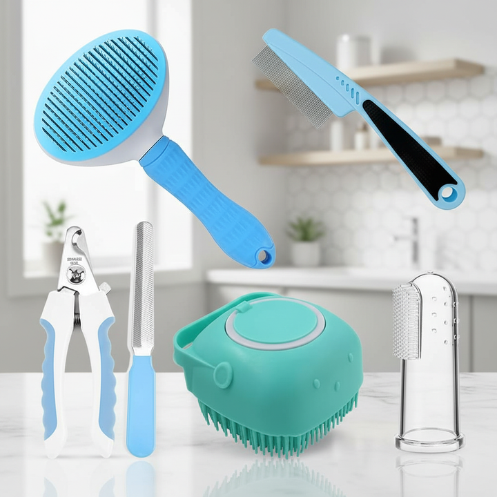7pcs Pet Grooming Kit, Self-Cleaning Brush Shedding Kit With Nail Clipper, Flea Comb, Shampoo Bath Brush, Finger Toothbrush