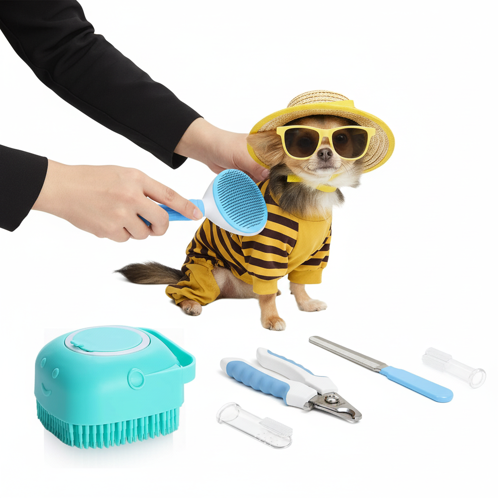 7pcs Pet Grooming Kit, Self-Cleaning Brush Shedding Kit With Nail Clipper, Flea Comb, Shampoo Bath Brush, Finger Toothbrush