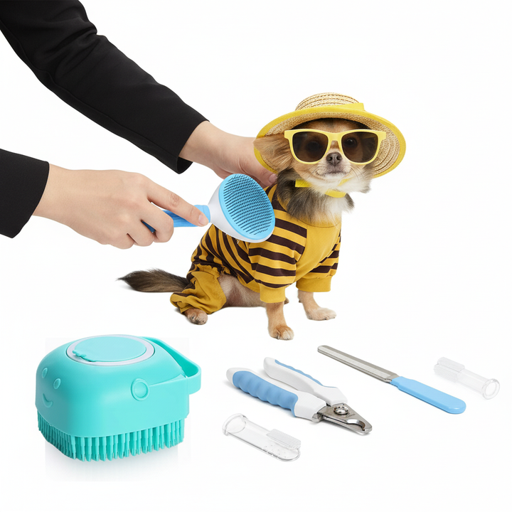 7pcs Pet Grooming Kit, Self-Cleaning Brush Shedding Kit With Nail Clipper, Flea Comb, Shampoo Bath Brush, Finger Toothbrush