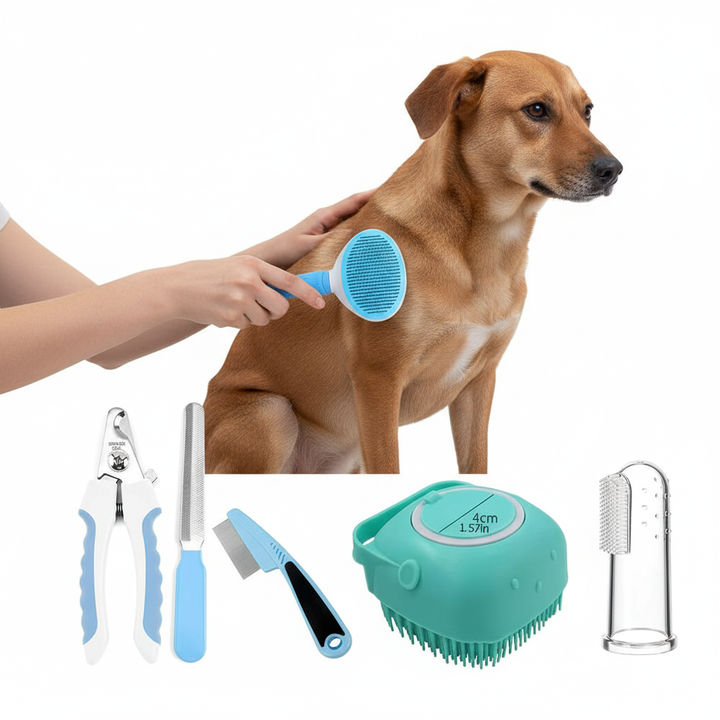 7pcs Pet Grooming Kit, Self-Cleaning Brush Shedding Kit With Nail Clipper, Flea Comb, Shampoo Bath Brush, Finger Toothbrush