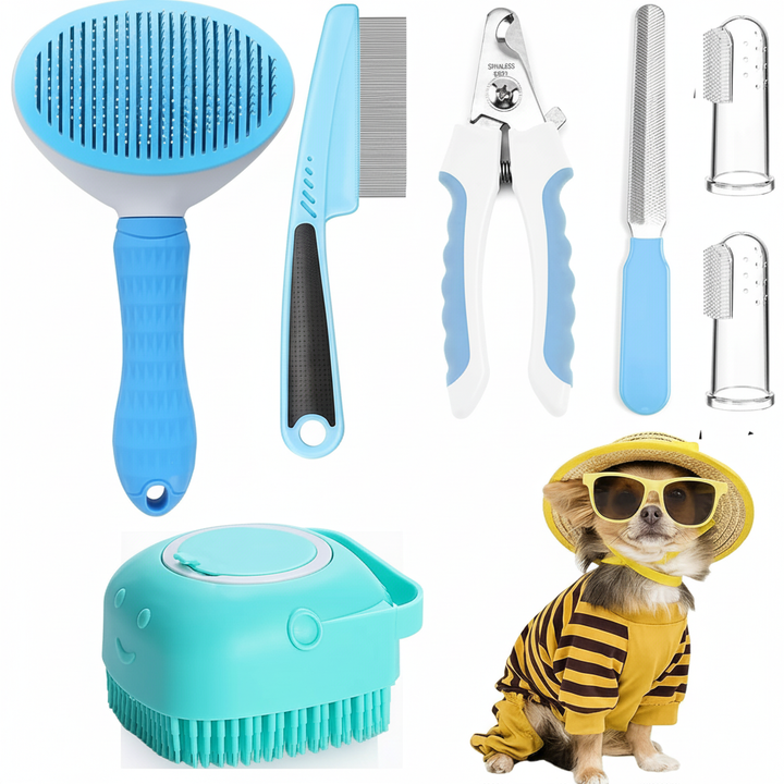 7pcs Pet Grooming Kit, Self-Cleaning Brush Shedding Kit With Nail Clipper, Flea Comb, Shampoo Bath Brush, Finger Toothbrush