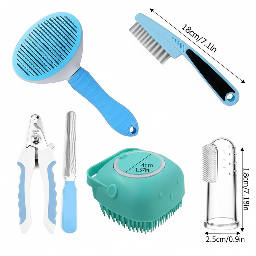 7pcs Pet Grooming Kit, Self-Cleaning Brush Shedding Kit With Nail Clipper, Flea Comb, Shampoo Bath Brush, Finger Toothbrush