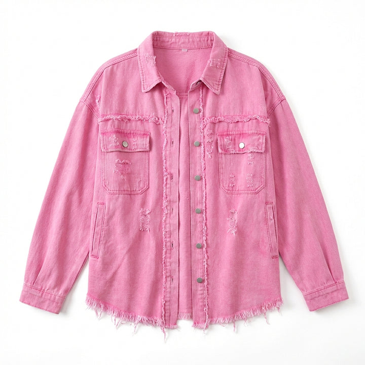 Women's Oversized Ripped Shacket – Casual Distressed Shirt Jacket for Fall & Spring
