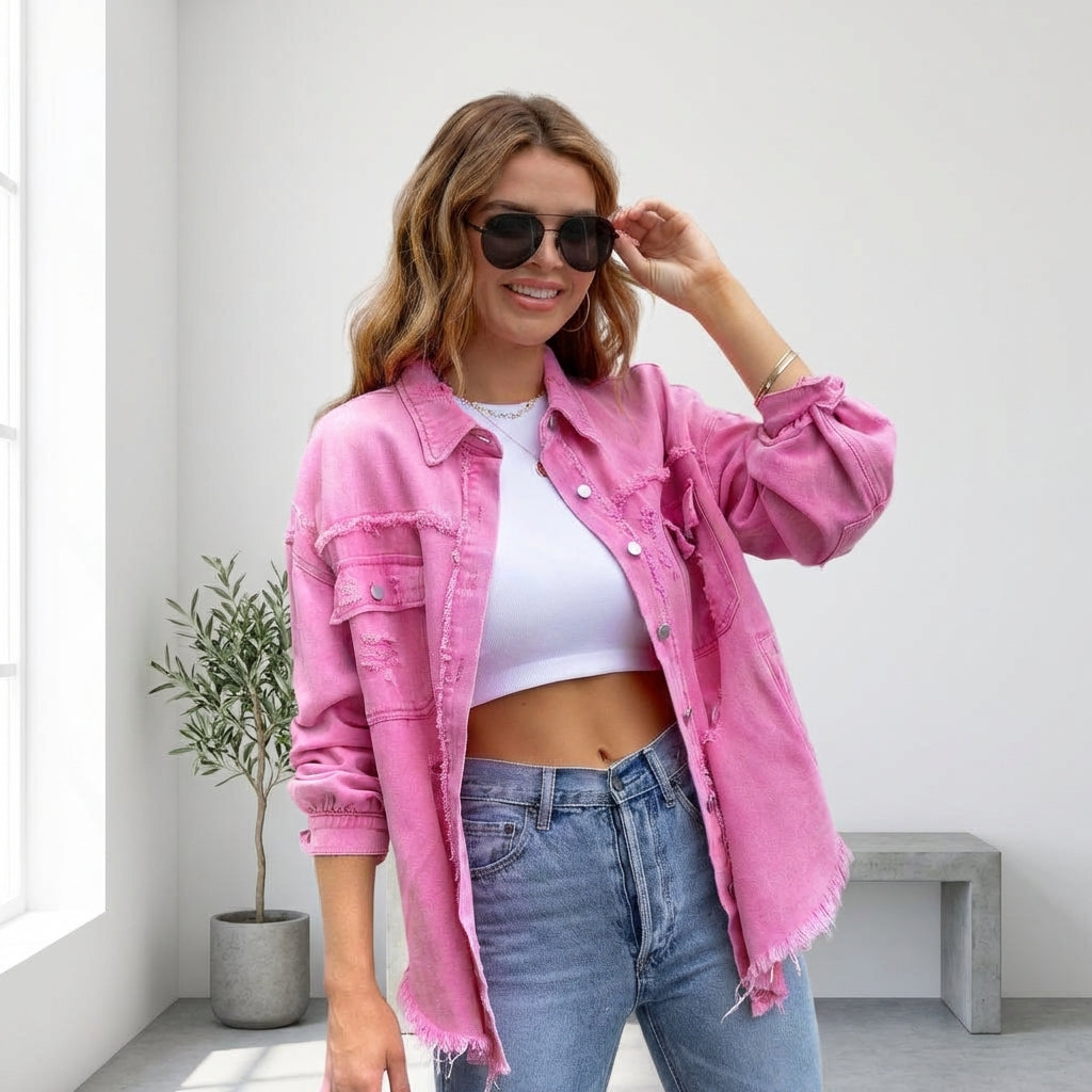 Women's Oversized Ripped Shacket – Casual Distressed Shirt Jacket for Fall & Spring
