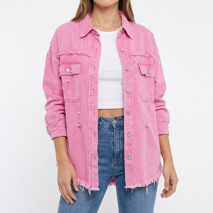 Women's Oversized Ripped Shacket – Casual Distressed Shirt Jacket for Fall & Spring