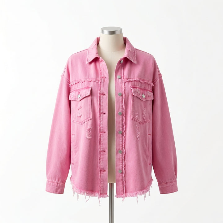 Women's Oversized Ripped Shacket – Casual Distressed Shirt Jacket for Fall & Spring