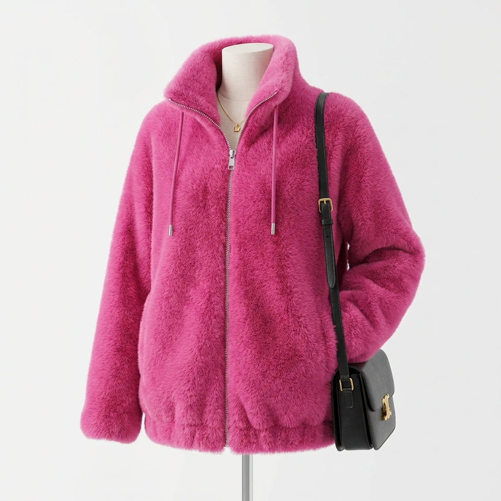 Double Faced Fleece Warm High Neck Sweater Women Cardigan