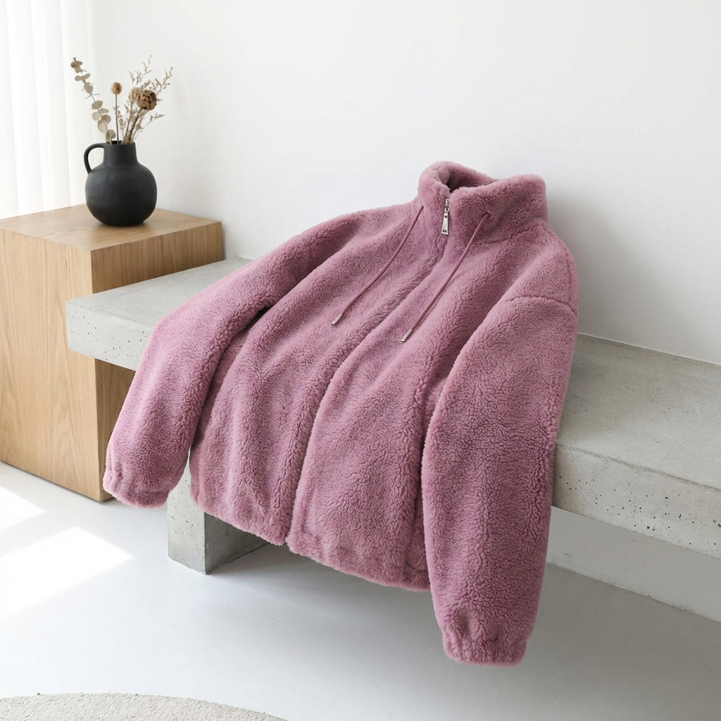 Double Faced Fleece Warm High Neck Sweater Women Cardigan