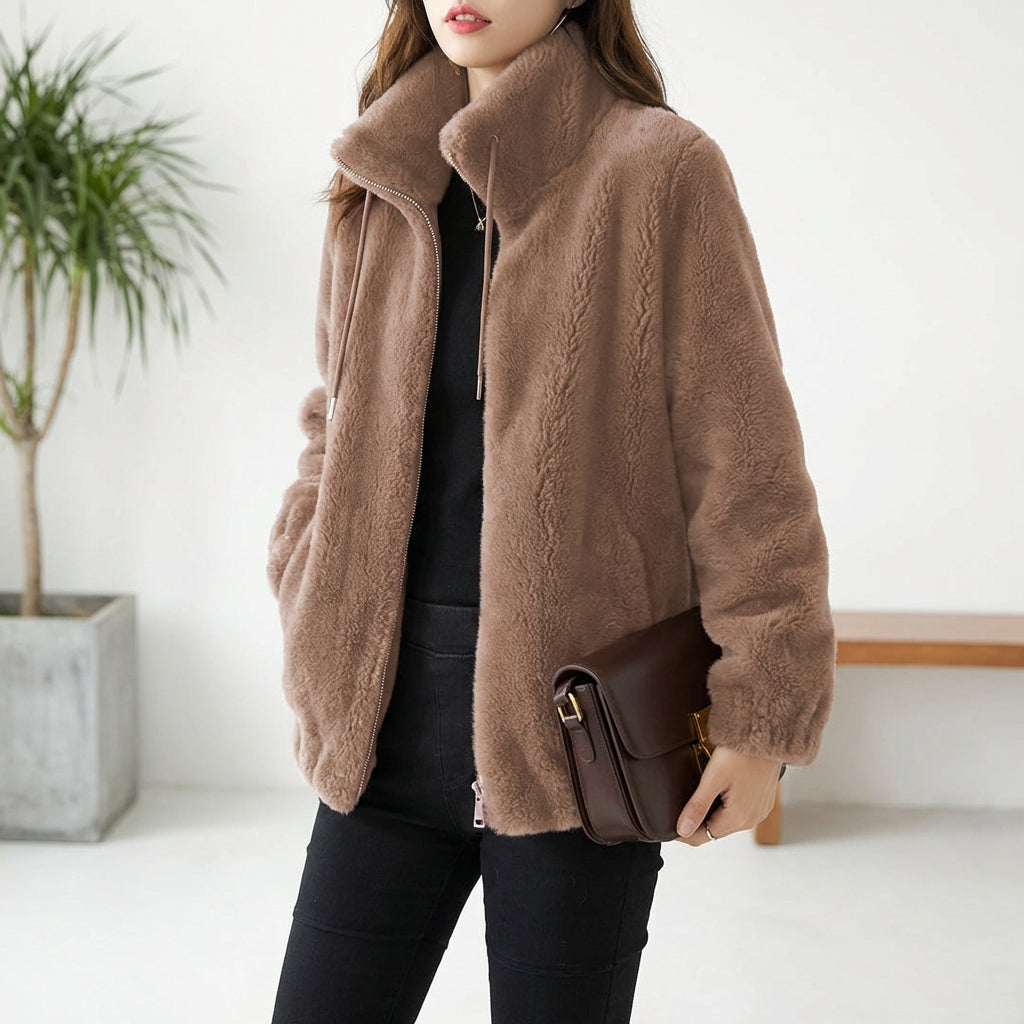 Double Faced Fleece Warm High Neck Sweater Women Cardigan