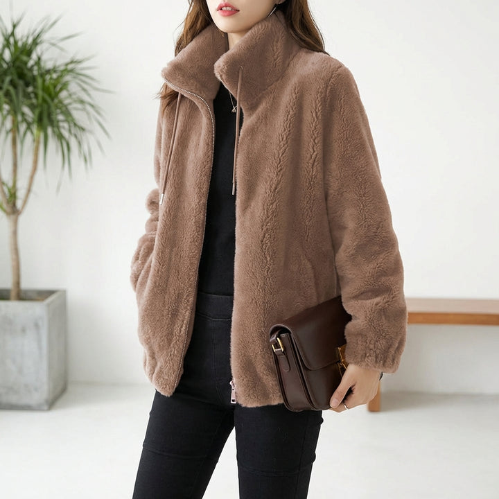 Double Faced Fleece Warm High Neck Sweater Women Cardigan
